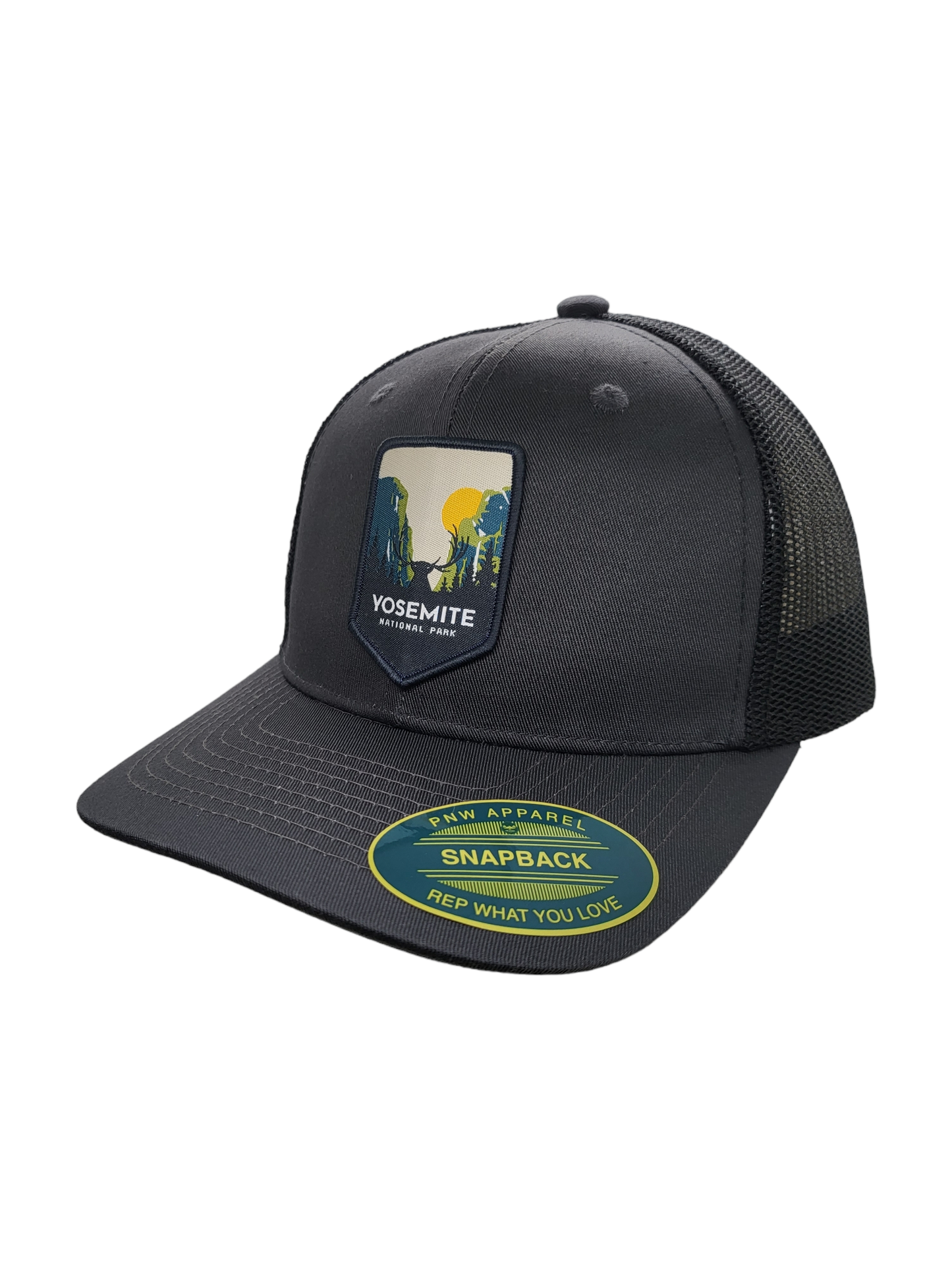 Yosemite Snapback Mesh Trucker Hat w/ National Park Patch: Heather Grey on Black