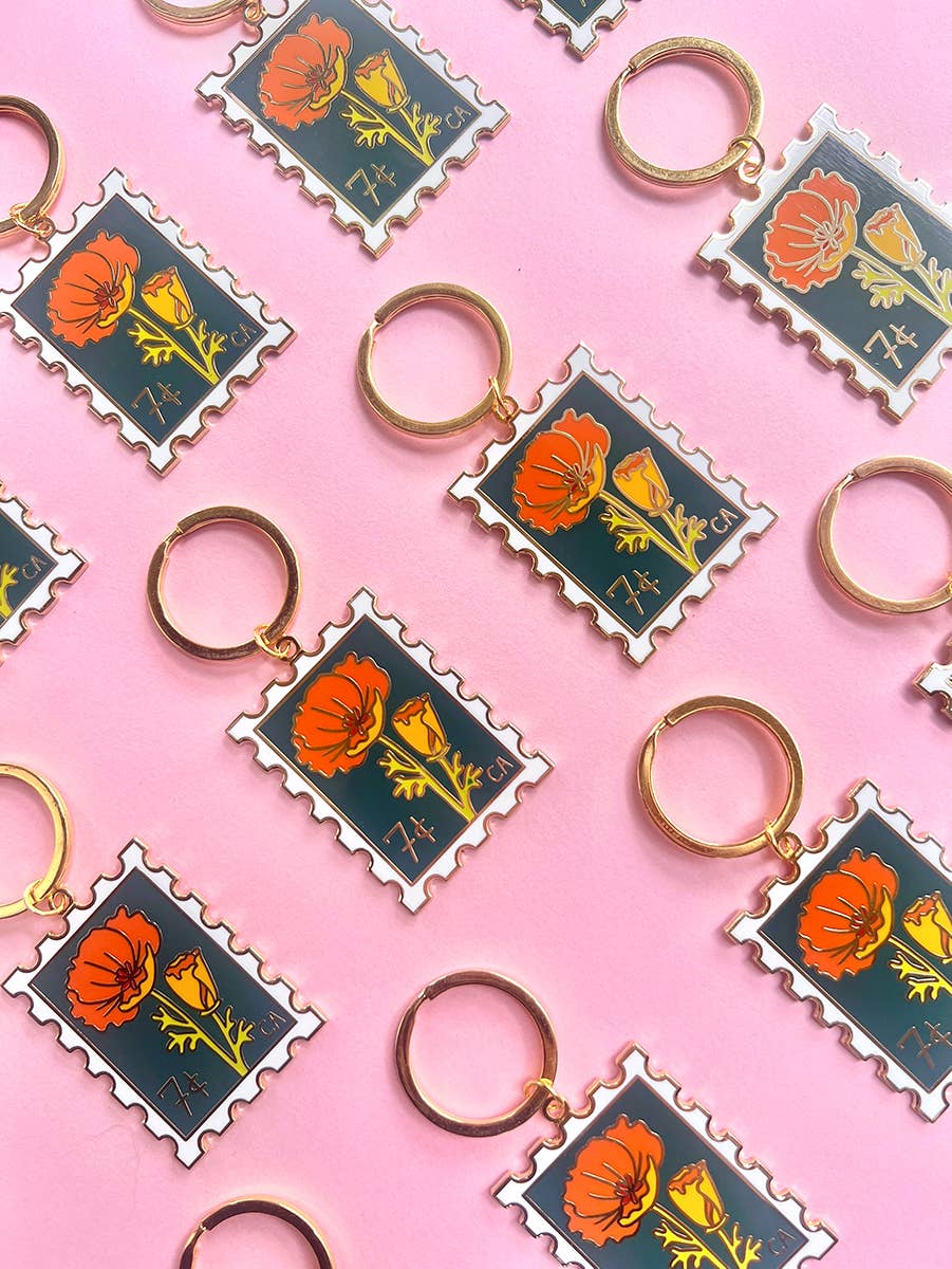 California Poppy Stamp Enamel Keychain