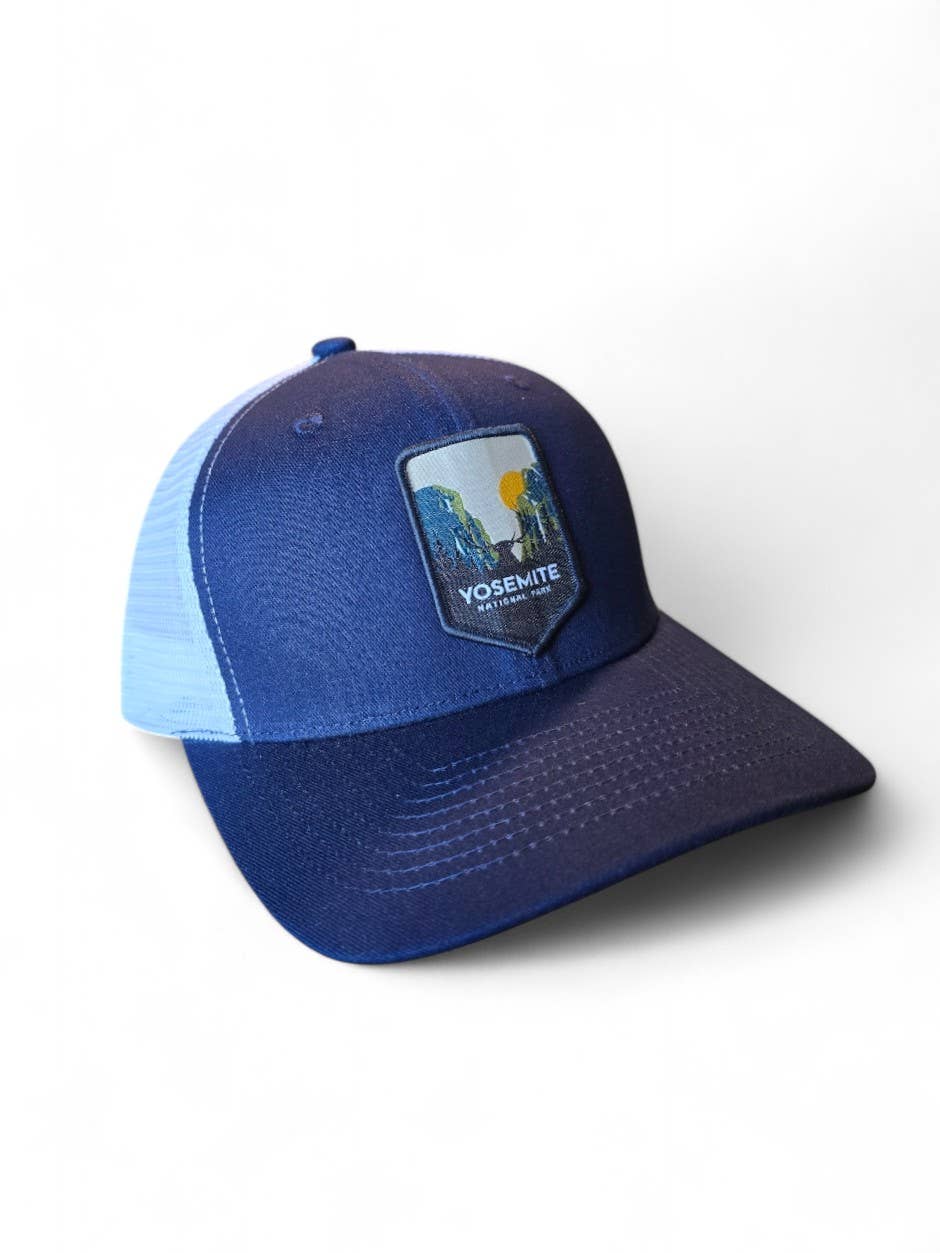 Yosemite Snapback Mesh Trucker Hat w/ National Park Patch: Navy Blue on White Mesh
