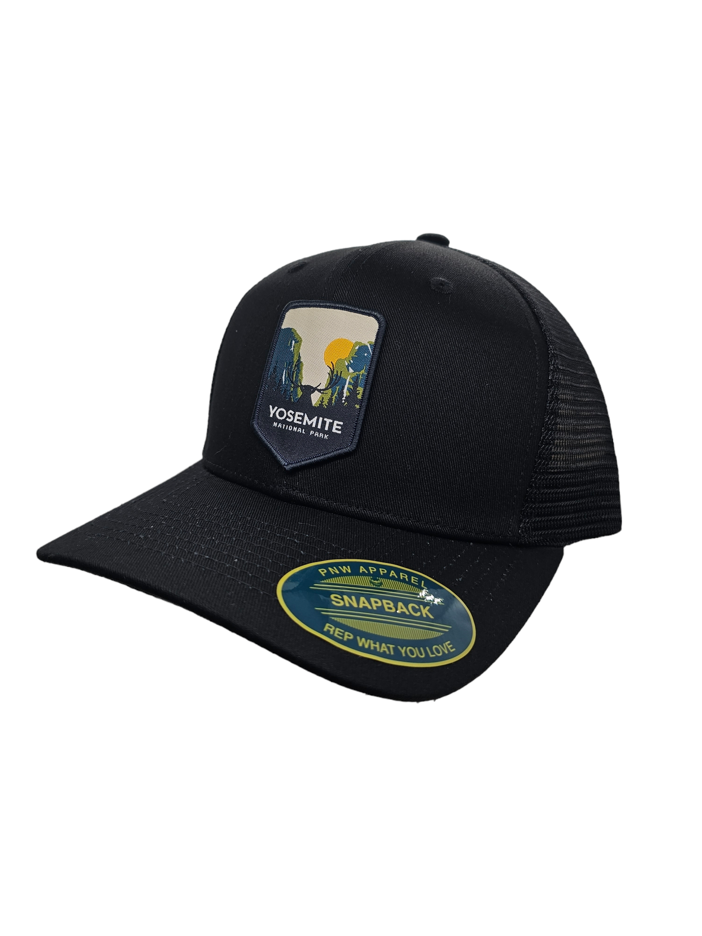 Yosemite Snapback Mesh Trucker Hat w/ National Park Patch: Navy Blue on White Mesh
