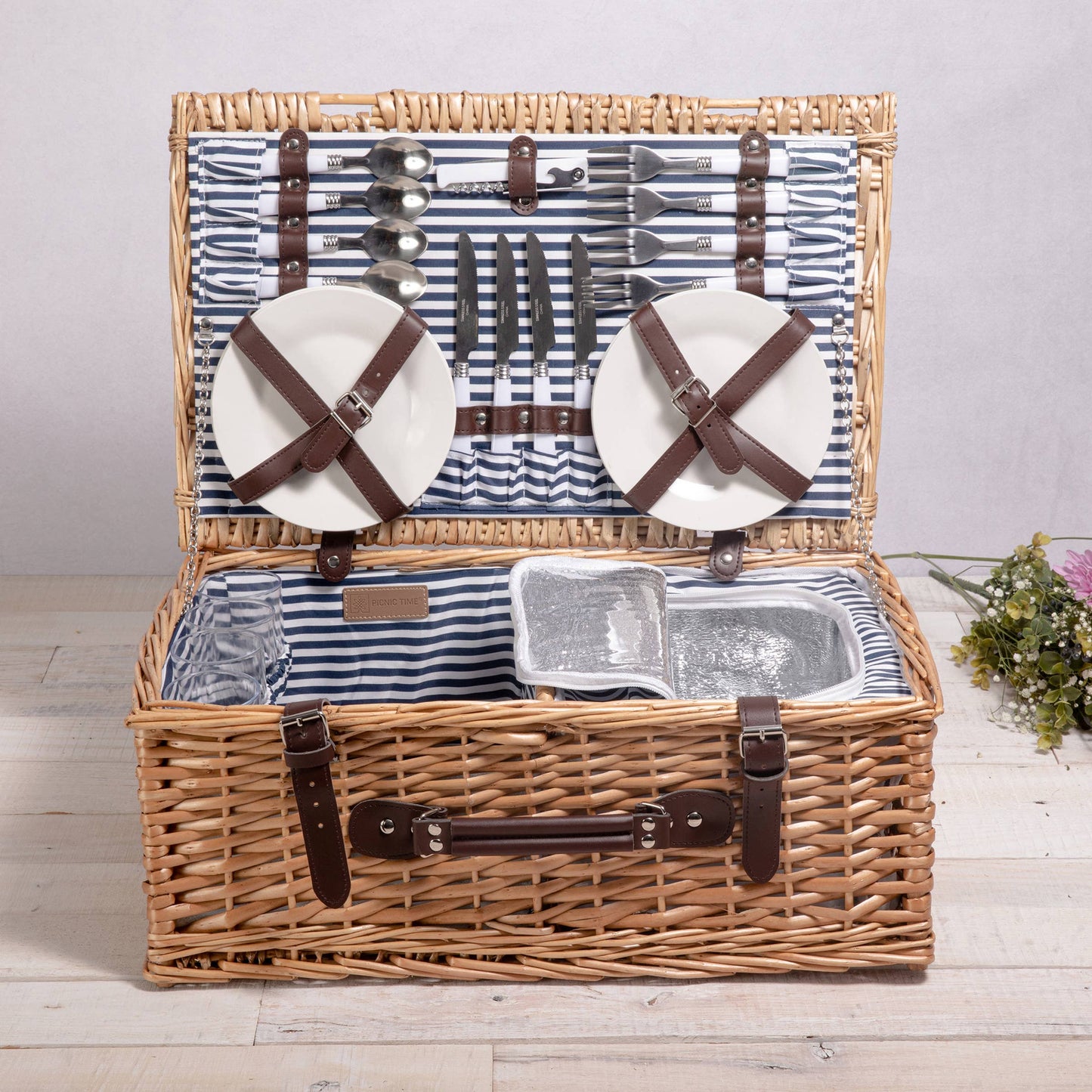 Belmont Picnic Basket: Navy Blue & White Stripe