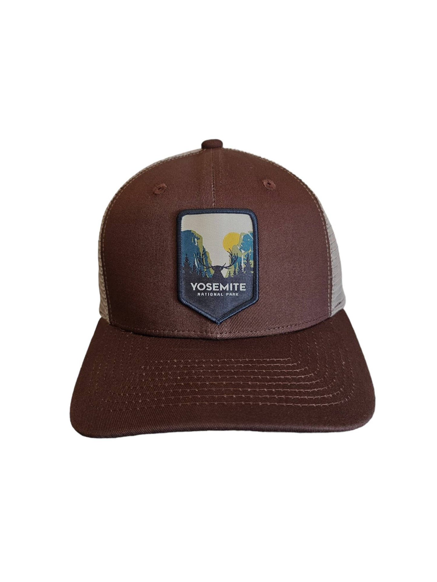 Yosemite Snapback Mesh Trucker Hat w/ National Park Patch: Navy Blue on White Mesh