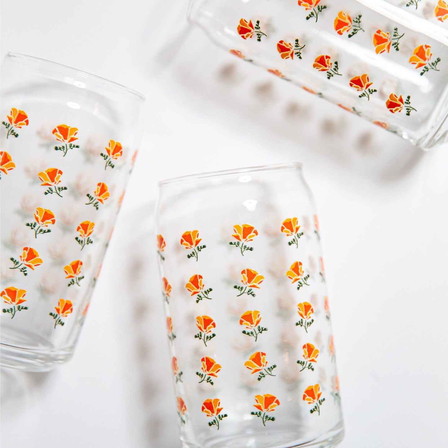California Poppy Flower Pattern Beer Can Glass