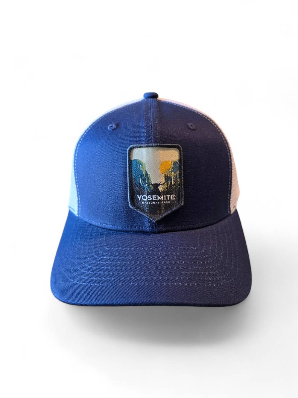 Yosemite Snapback Mesh Trucker Hat w/ National Park Patch: Navy Blue on White Mesh