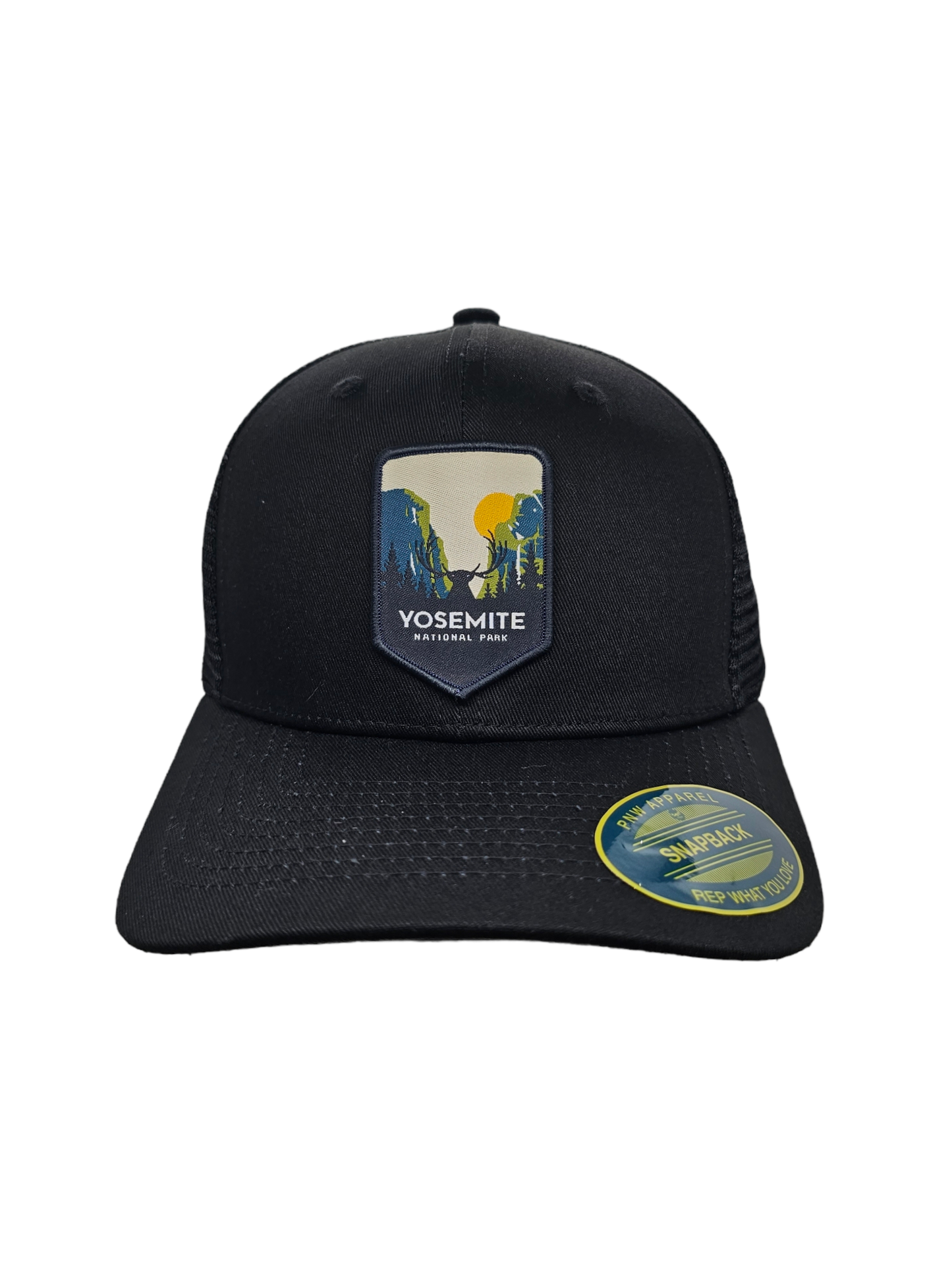 Yosemite Snapback Mesh Trucker Hat w/ National Park Patch: Navy Blue on White Mesh