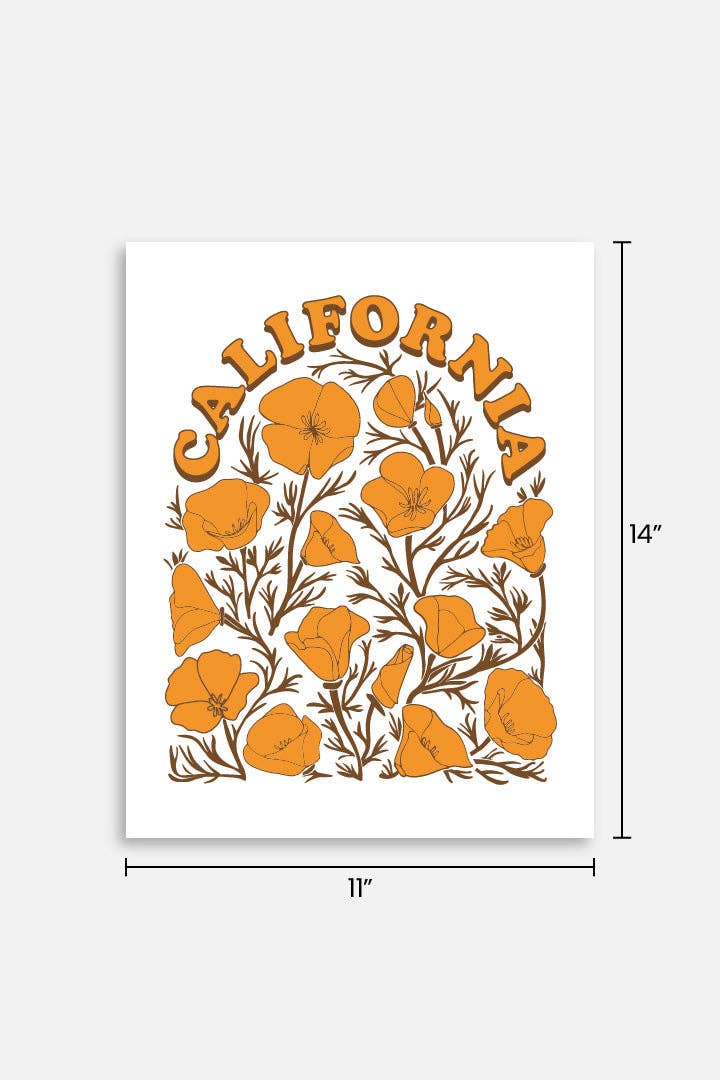 Vintage Style California Poppy Flower Poster Print: 11x14