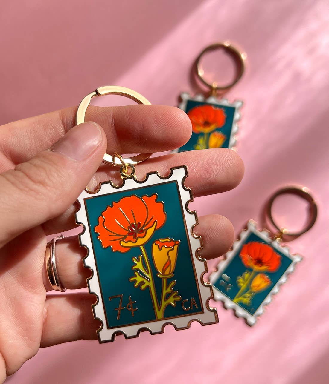 California Poppy Stamp Enamel Keychain