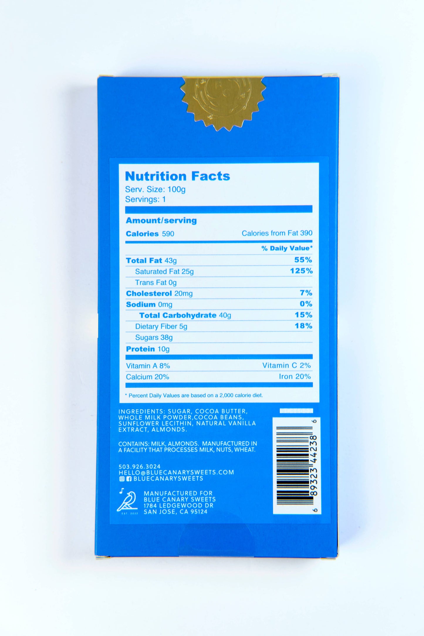Milk Chocolate Bar with Toasted Almonds: Blue Canary Sweets 3.5oz