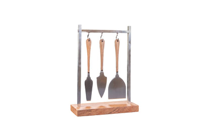 Set of 3 Cheese Set w/ Hanging Stand: Stainless Steel / Natural