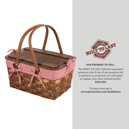 Kansas Handwoven Large Picnic Basket with Tabletop Lid: Red & White Gingham Pattern