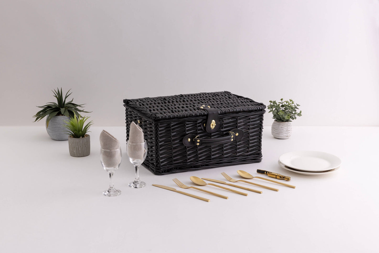 Picnic Basket Set for 2, Black Willow with Beige Accents