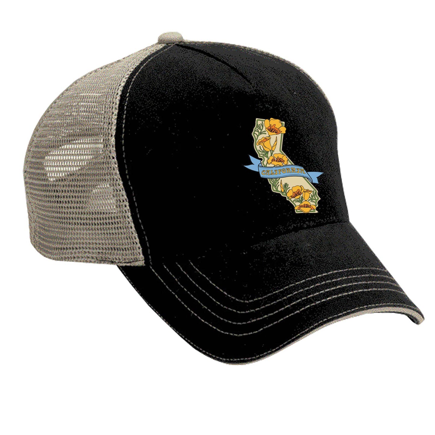 CA State with Poppies Trucker Hat: Black/Khaki