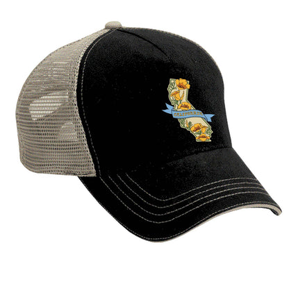 CA State with Poppies Trucker Hat: Black/Khaki
