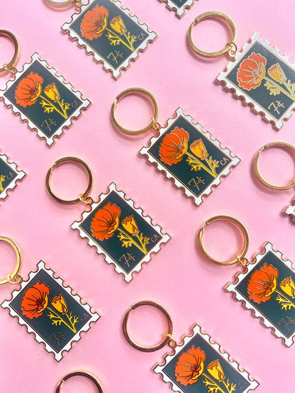 California Poppy Stamp Enamel Keychain