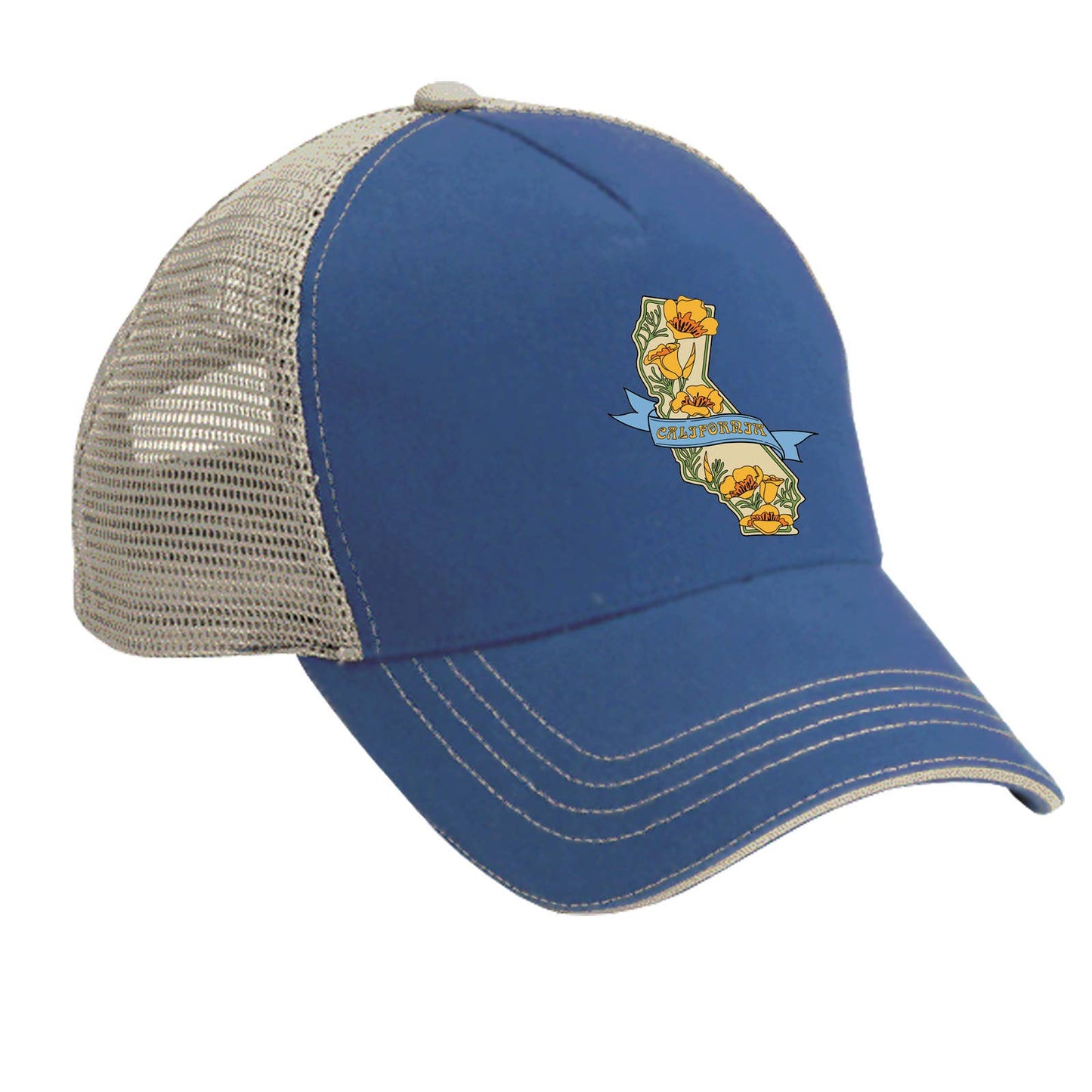 CA State with Poppies Trucker Hat: Khaki/Khaki