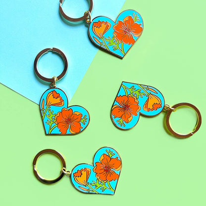 California Poppy Heart Enamel Keychain