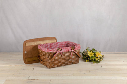 Kansas Handwoven Large Picnic Basket with Tabletop Lid: Red & White Gingham Pattern