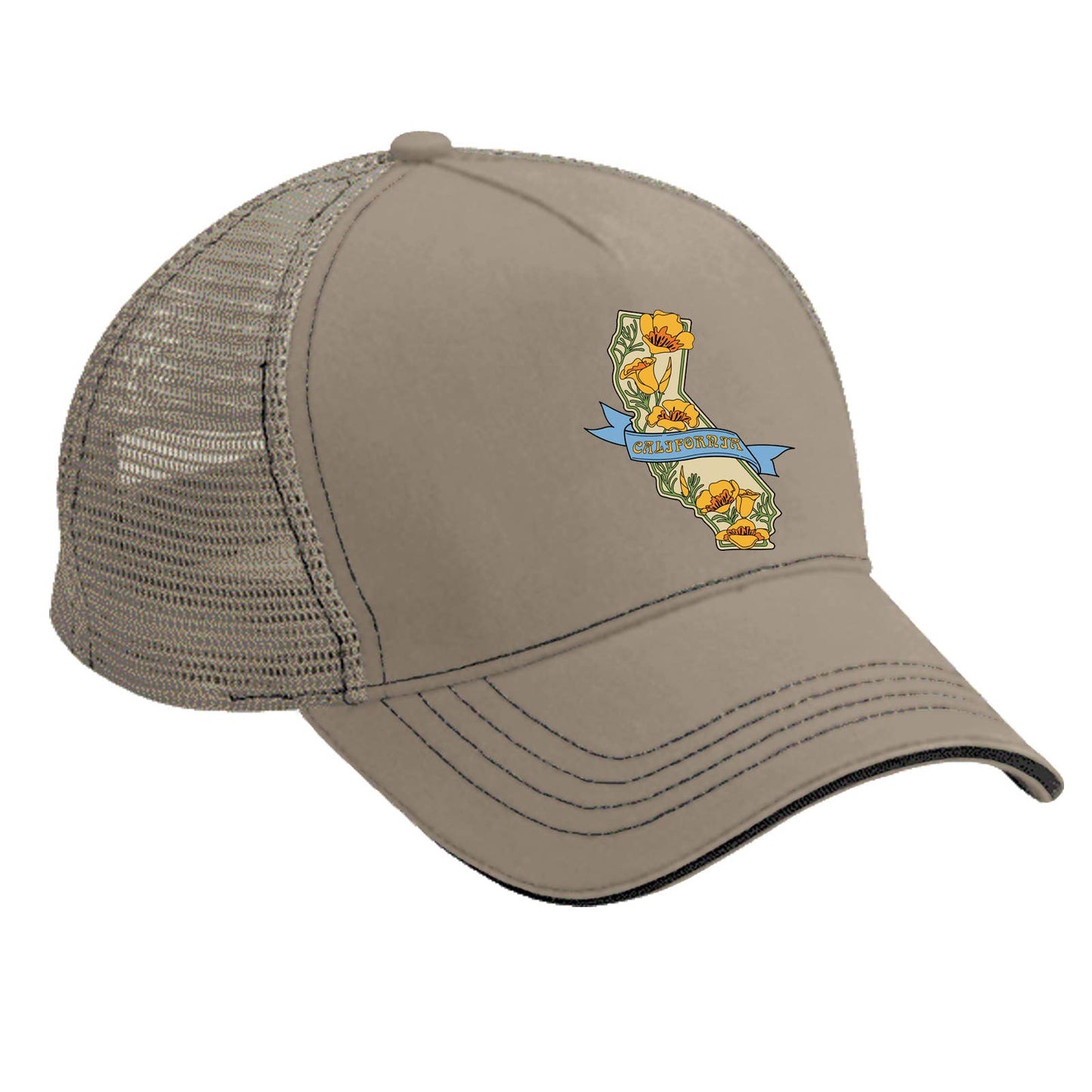 CA State with Poppies Trucker Hat: Black/Khaki