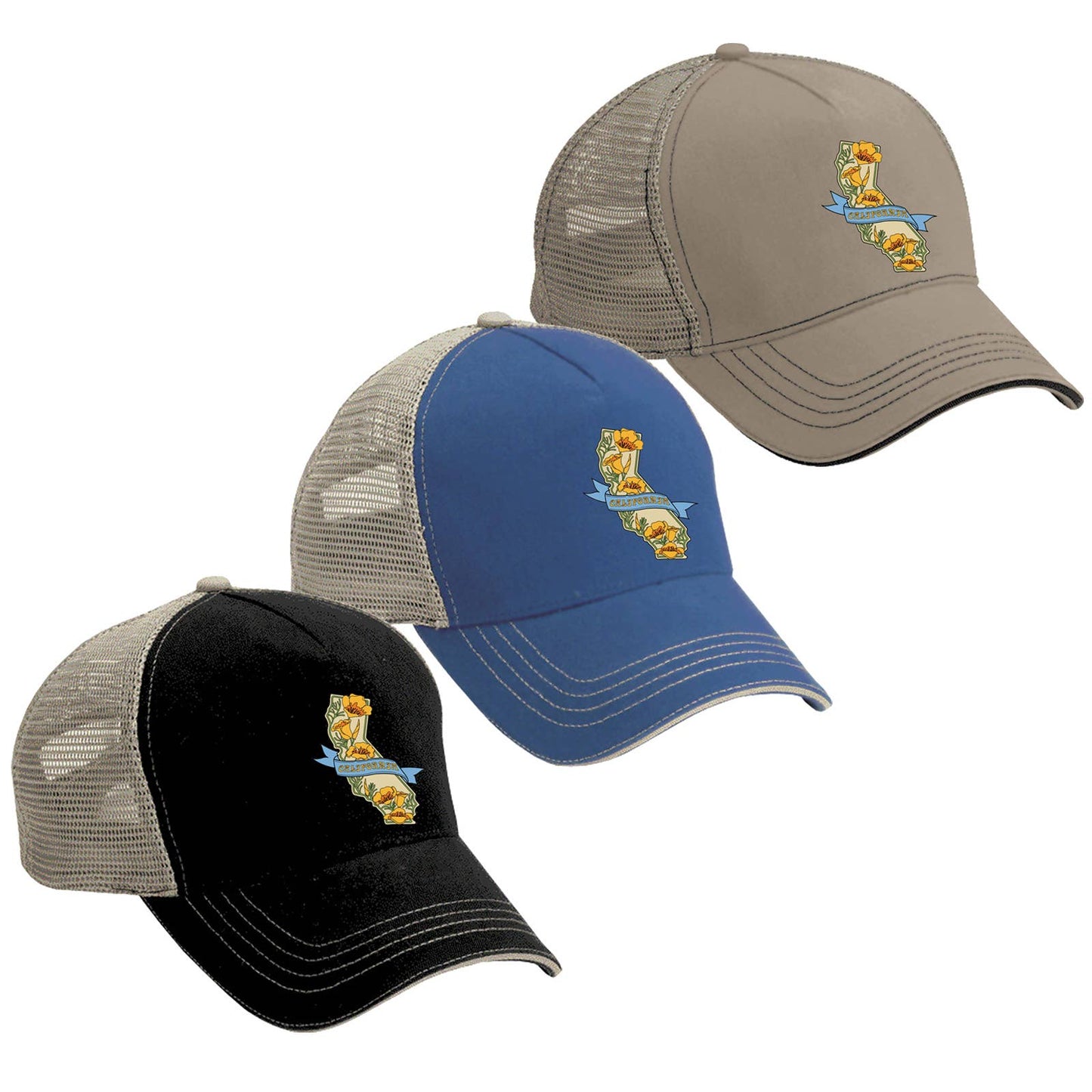 CA State with Poppies Trucker Hat: Khaki/Khaki
