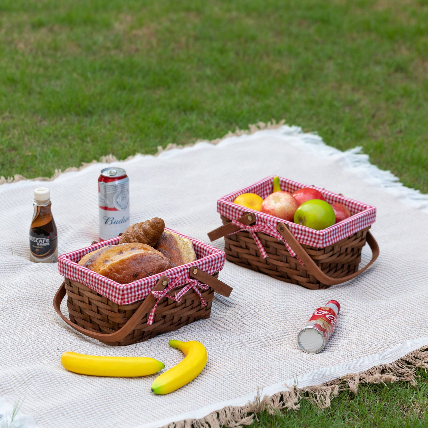 Small Rectangular Picnic Basket Lined with Gingham Lining