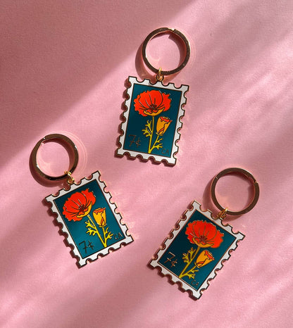 California Poppy Stamp Enamel Keychain