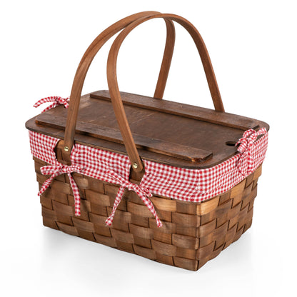 Kansas Handwoven Large Picnic Basket with Tabletop Lid: Red & White Gingham Pattern