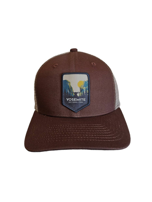 Yosemite Snapback Mesh Trucker Hat w/ National Park Patch: Brown on Khaki