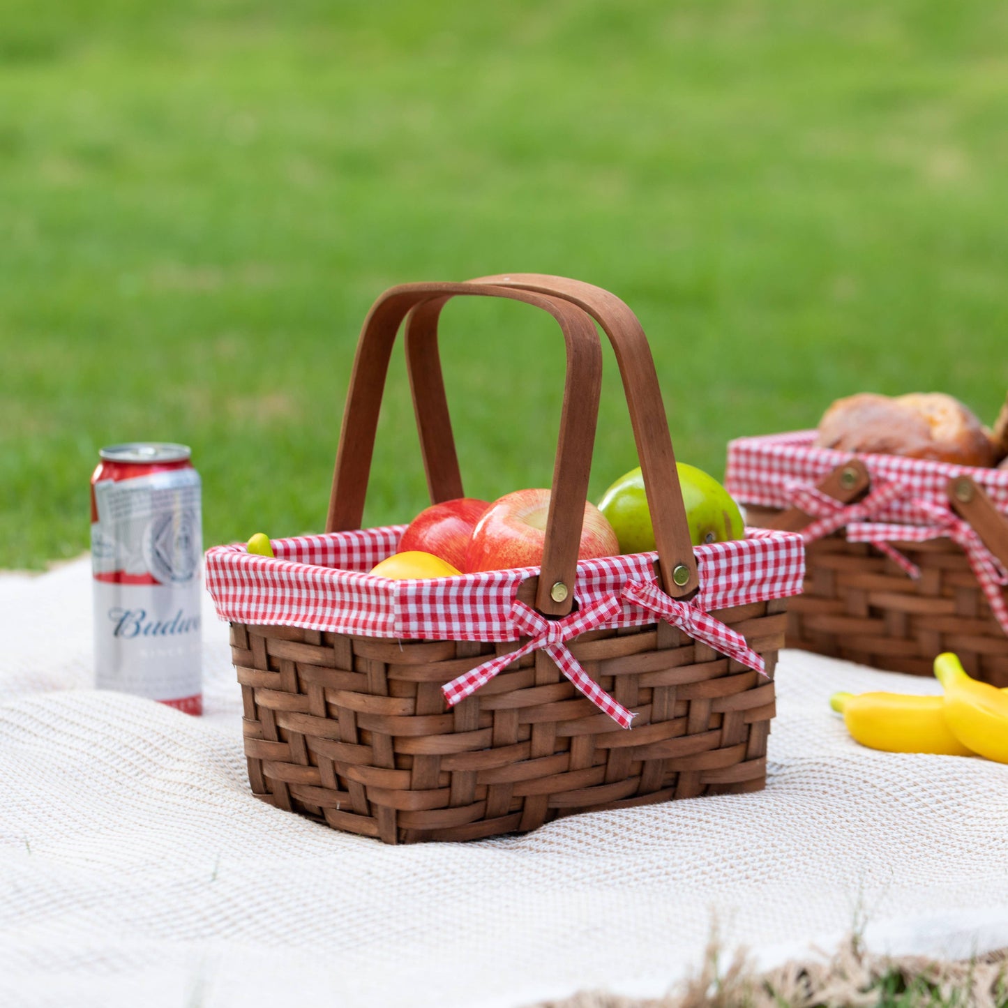 Small Rectangular Picnic Basket Lined with Gingham Lining