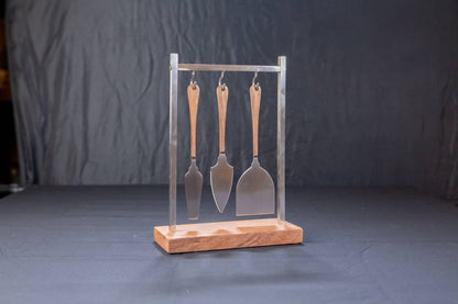 Set of 3 Cheese Set w/ Hanging Stand: Stainless Steel / Natural