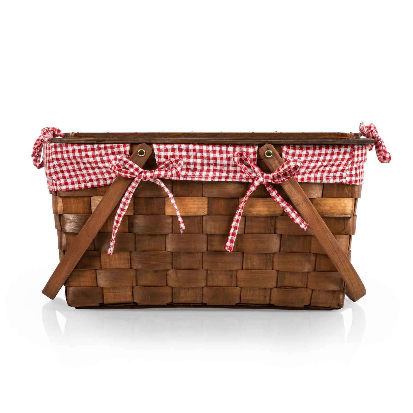 Kansas Handwoven Large Picnic Basket with Tabletop Lid: Red & White Gingham Pattern