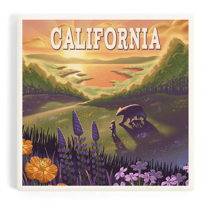 Ceramic Coaster California Bear & Spring Flowers Litho