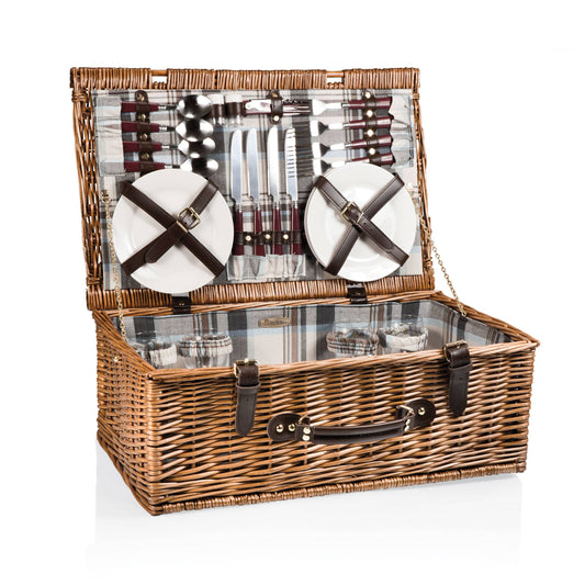 Newbury Picnic Basket - Core: Navy Blue & Burgundy Plaid Pattern