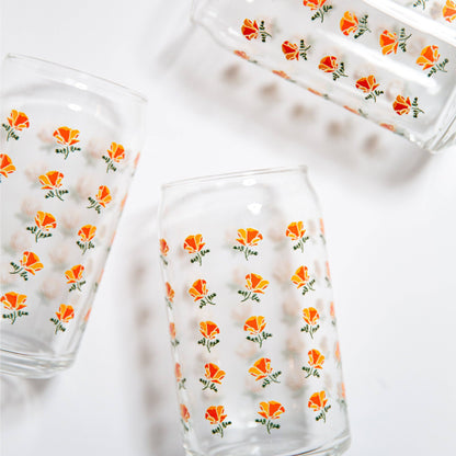 California Poppy Flower Pattern Beer Can Glass