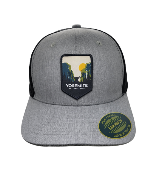 Yosemite Snapback Mesh Trucker Hat w/ National Park Patch: Heather Grey on Black
