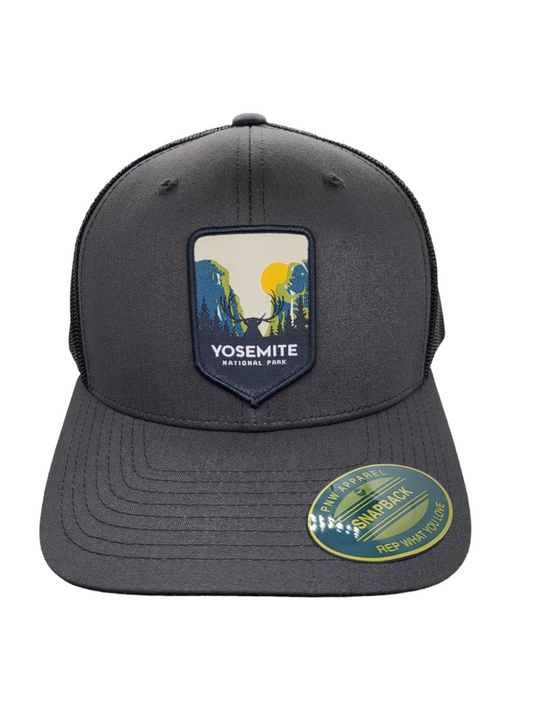 Yosemite Snapback Mesh Trucker Hat w/ National Park Patch: Grey on Black