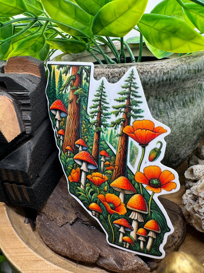 California Poppy & Mushroom Waterproof Vinyl Decal