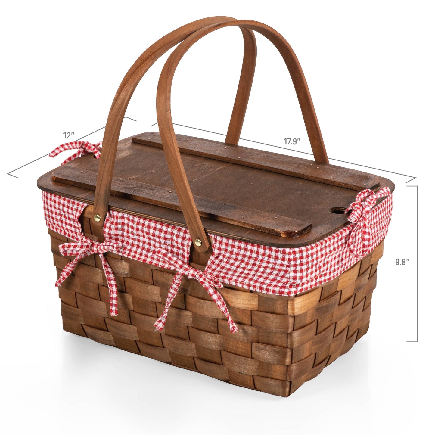 Kansas Handwoven Large Picnic Basket with Tabletop Lid: Red & White Gingham Pattern