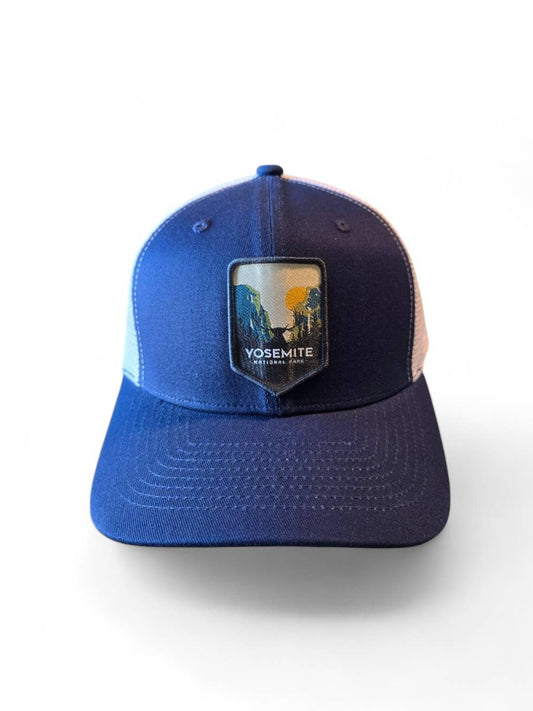 Yosemite Snapback Mesh Trucker Hat w/ National Park Patch: Navy Blue on White Mesh