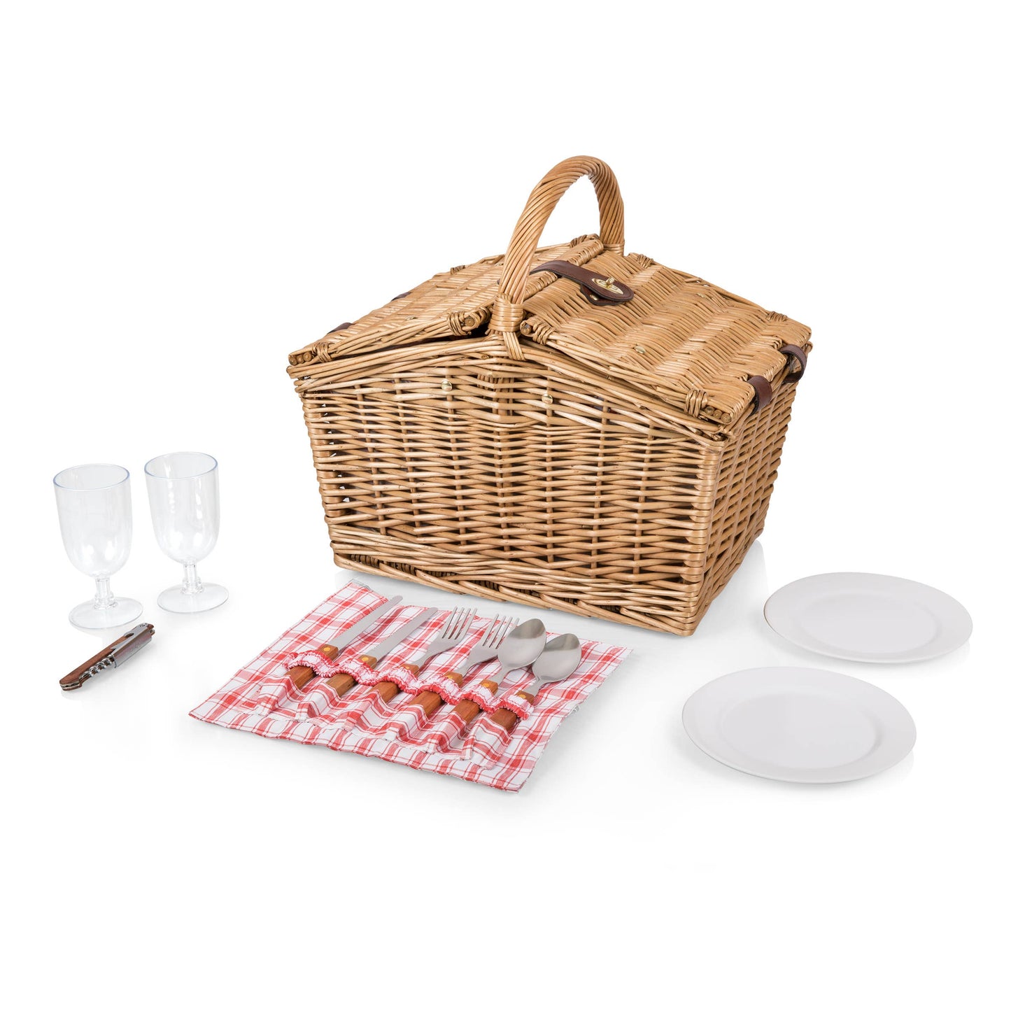 Piccadilly Romantic Picnic Basket for 2 with Picnic Set: Red & White Plaid Pattern