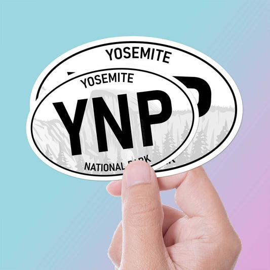 Yosemite National Park Bumper Sticker- California Oval Decal: Half of Each Size / Half Dome Background