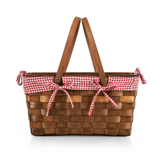 Kansas Handwoven Large Picnic Basket with Tabletop Lid: Red & White Gingham Pattern