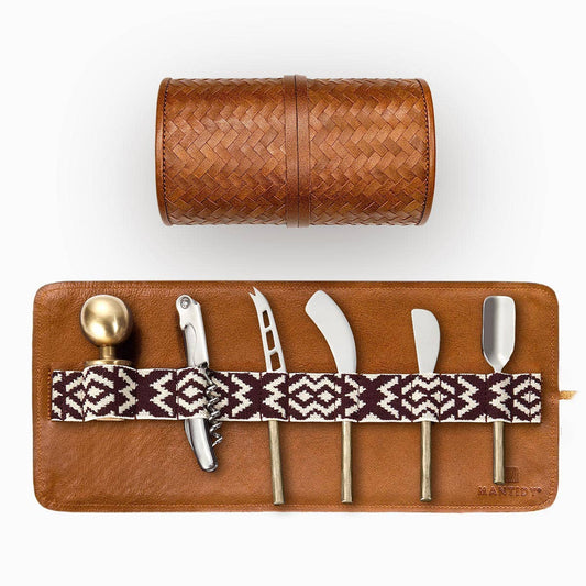 Herringbone Cheese & Wine Roll: Set of Knives, Bottle Stopper, Corkscrew