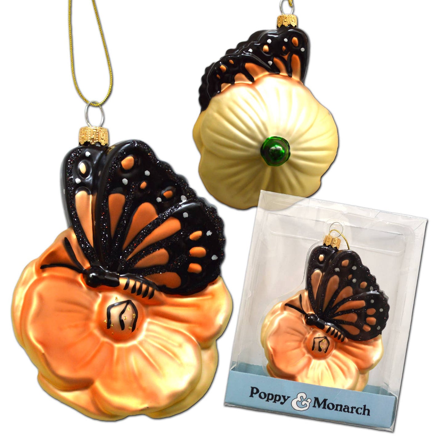 Poppy and Monarch Butterfly Glass Mold Christmas Ornament