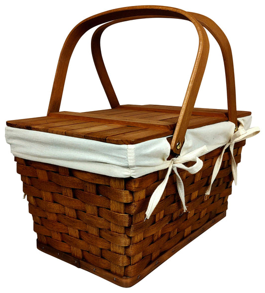 Stained Woodchip Picnic Basket w/Cotton Liner