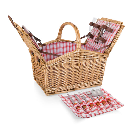 Piccadilly Romantic Picnic Basket for 2 with Picnic Set: Red & White Plaid Pattern